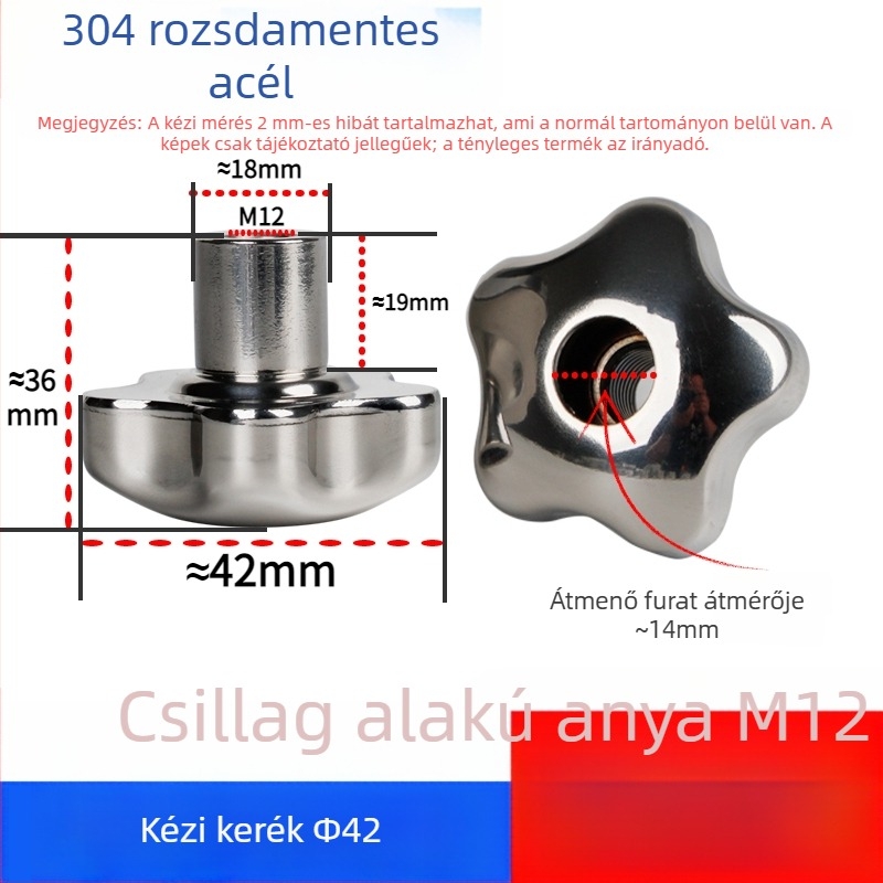 304 rozsdamentes acél kézi kerék átfúrt lyukkal, virág- és csillag alakú fogantyúval, csavarsapka, kézi forgó gomb, záróanya
