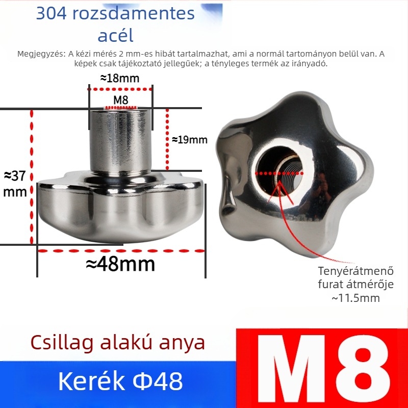 304 rozsdamentes acél kézi kerék átfúrt lyukkal, virág- és csillag alakú fogantyúval, csavarsapka, kézi forgó gomb, záróanya