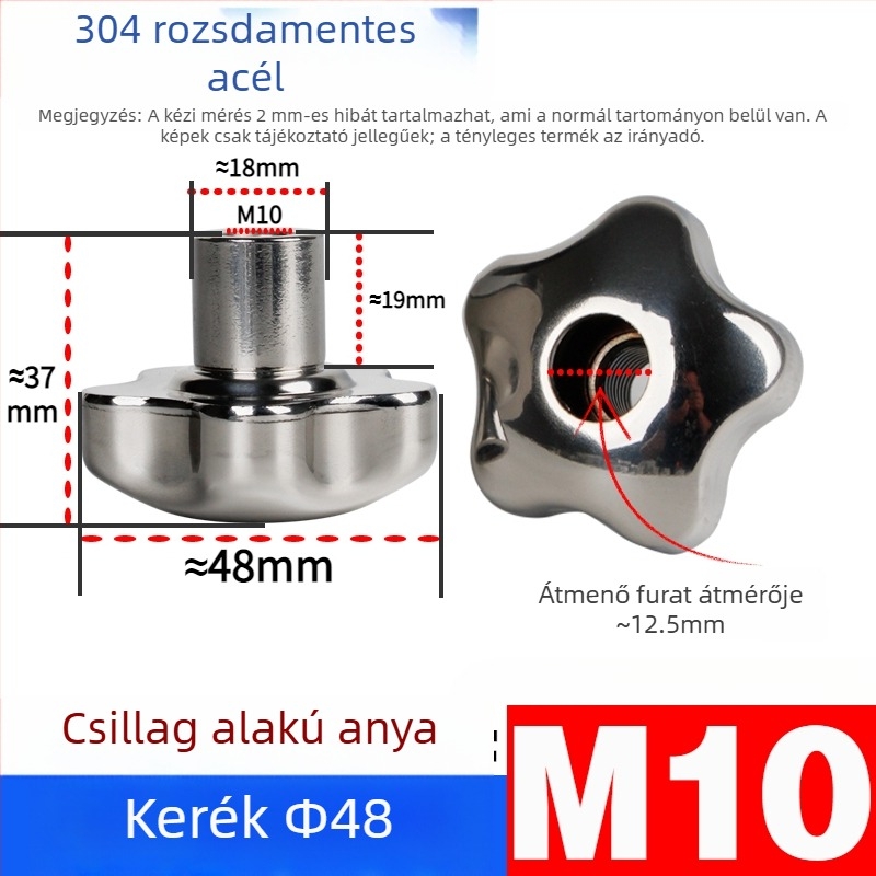 304 rozsdamentes acél kézi kerék átfúrt lyukkal, virág- és csillag alakú fogantyúval, csavarsapka, kézi forgó gomb, záróanya