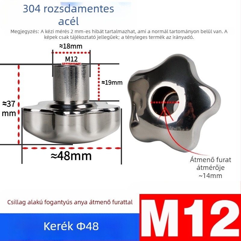 304 rozsdamentes acél kézi kerék átfúrt lyukkal, virág- és csillag alakú fogantyúval, csavarsapka, kézi forgó gomb, záróanya