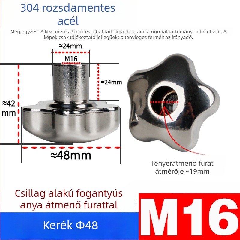 304 rozsdamentes acél kézi kerék átfúrt lyukkal, virág- és csillag alakú fogantyúval, csavarsapka, kézi forgó gomb, záróanya