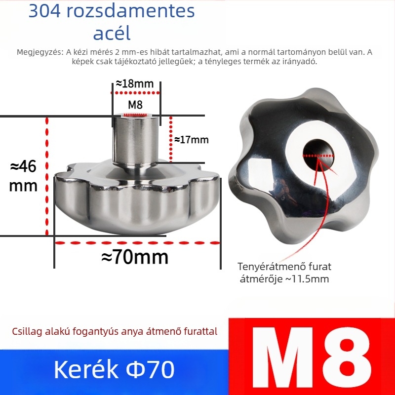 304 rozsdamentes acél kézi kerék átfúrt lyukkal, virág- és csillag alakú fogantyúval, csavarsapka, kézi forgó gomb, záróanya