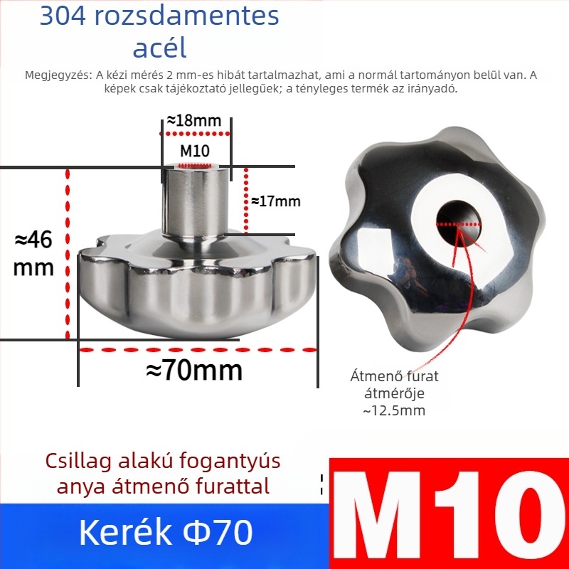 304 rozsdamentes acél kézi kerék átfúrt lyukkal, virág- és csillag alakú fogantyúval, csavarsapka, kézi forgó gomb, záróanya