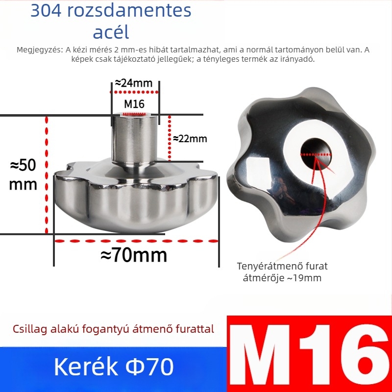 304 rozsdamentes acél kézi kerék átfúrt lyukkal, virág- és csillag alakú fogantyúval, csavarsapka, kézi forgó gomb, záróanya