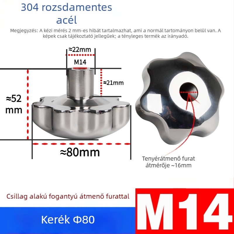 304 rozsdamentes acél kézi kerék átfúrt lyukkal, virág- és csillag alakú fogantyúval, csavarsapka, kézi forgó gomb, záróanya