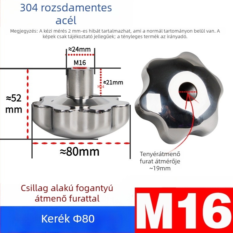 304 rozsdamentes acél kézi kerék átfúrt lyukkal, virág- és csillag alakú fogantyúval, csavarsapka, kézi forgó gomb, záróanya