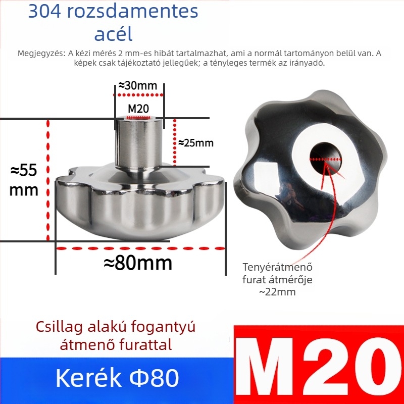 304 rozsdamentes acél kézi kerék átfúrt lyukkal, virág- és csillag alakú fogantyúval, csavarsapka, kézi forgó gomb, záróanya