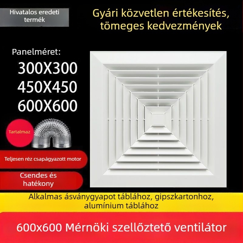 600x600 integrált mennyezeti ventilátor, alumínium panellel és gipszkarton burkolattal fürdőszobához, 30x30