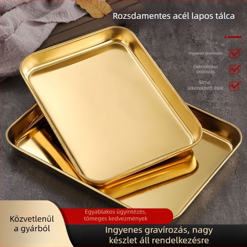 Rozsdamentes acélból készült, téglalap alakú tál arany bevonattal, professzionális használatra; grill- és gőzölő tál nassokhoz és dim sumhoz; sík aljzat