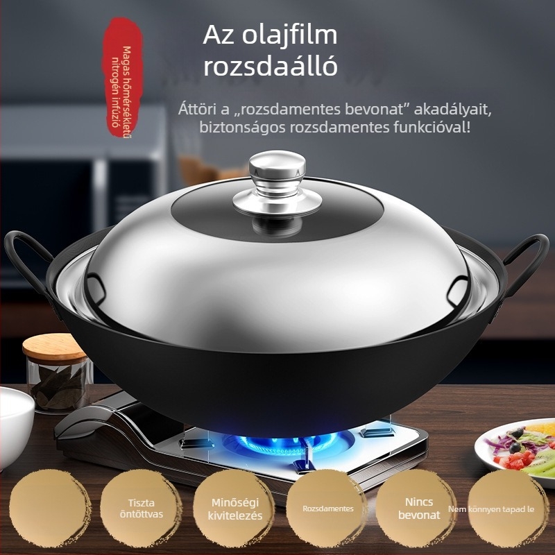 Öntöttvas wok bevonat nélküli, két füllel, kerek aljjal, otthoni és professzionális használatra.