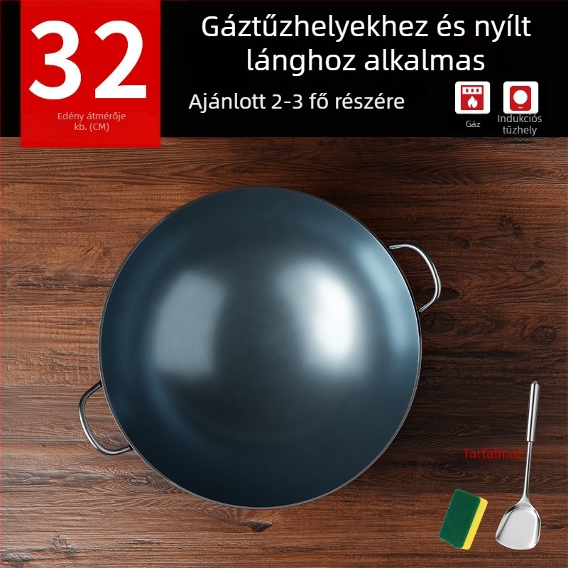 Öntöttvas wok bevonat nélküli, két füllel, kerek aljjal, otthoni és professzionális használatra.