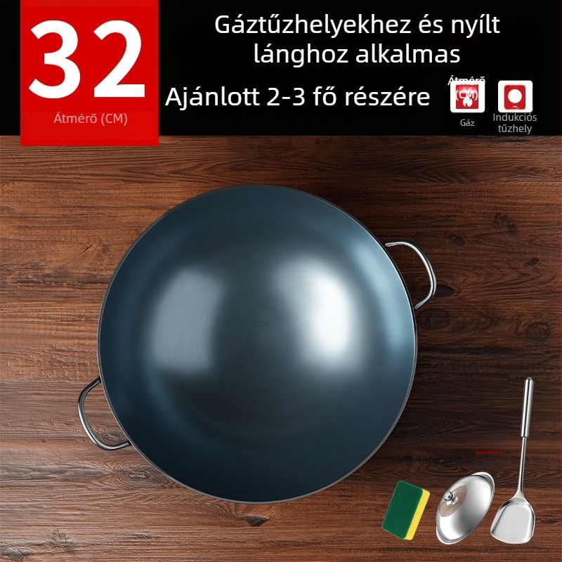 Öntöttvas wok bevonat nélküli, két füllel, kerek aljjal, otthoni és professzionális használatra.