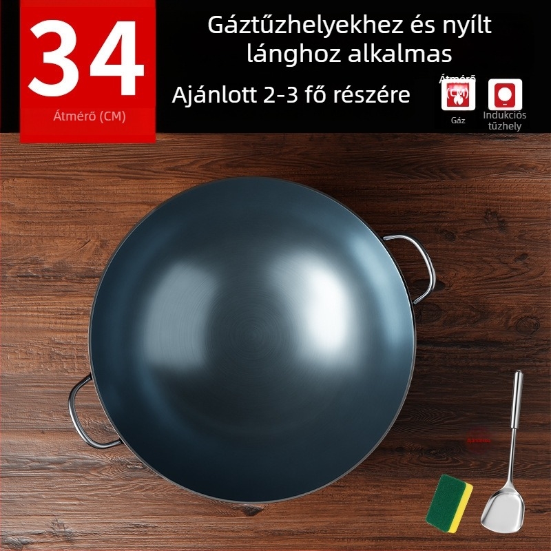 Öntöttvas wok bevonat nélküli, két füllel, kerek aljjal, otthoni és professzionális használatra.