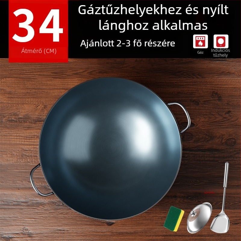 Öntöttvas wok bevonat nélküli, két füllel, kerek aljjal, otthoni és professzionális használatra.