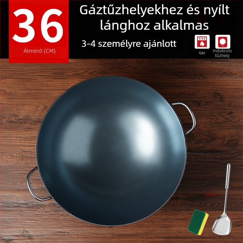 Öntöttvas wok bevonat nélküli, két füllel, kerek aljjal, otthoni és professzionális használatra.