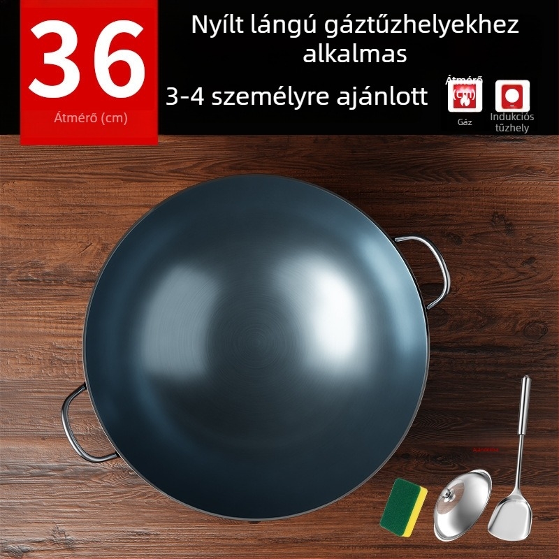 Öntöttvas wok bevonat nélküli, két füllel, kerek aljjal, otthoni és professzionális használatra.