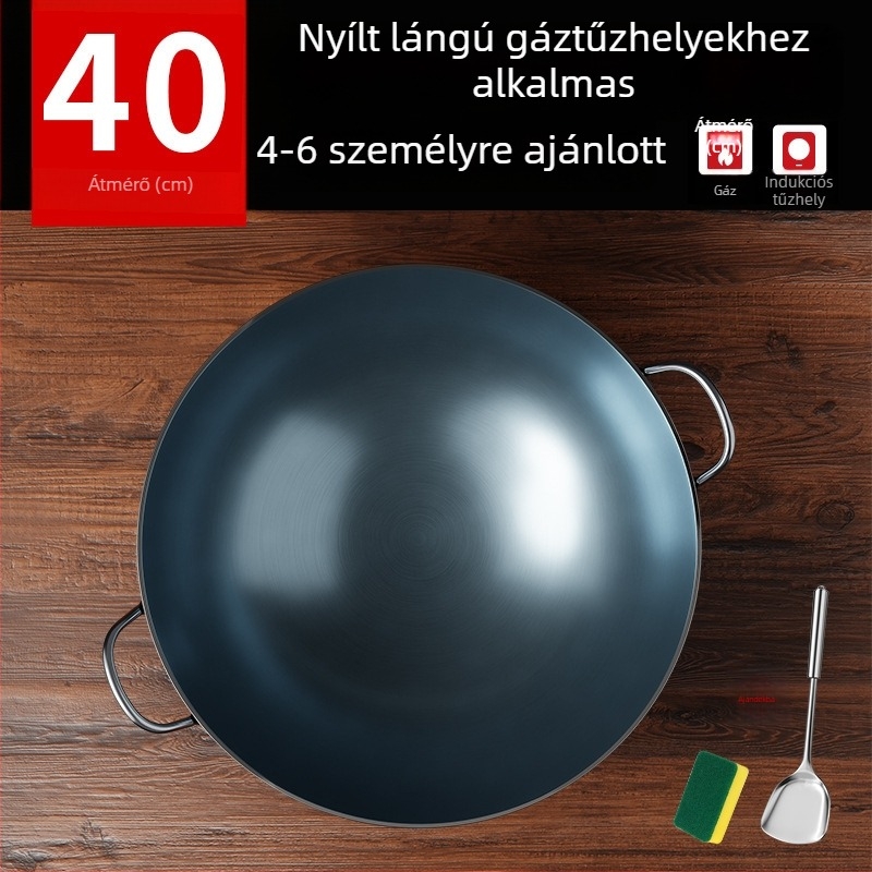 Öntöttvas wok bevonat nélküli, két füllel, kerek aljjal, otthoni és professzionális használatra.