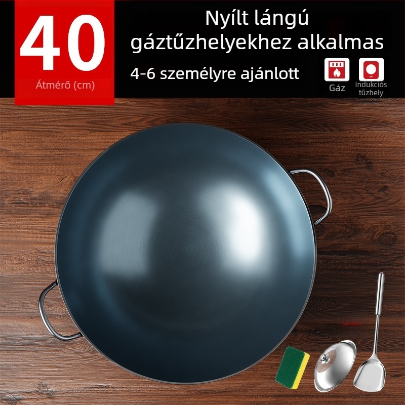 Öntöttvas wok bevonat nélküli, két füllel, kerek aljjal, otthoni és professzionális használatra.