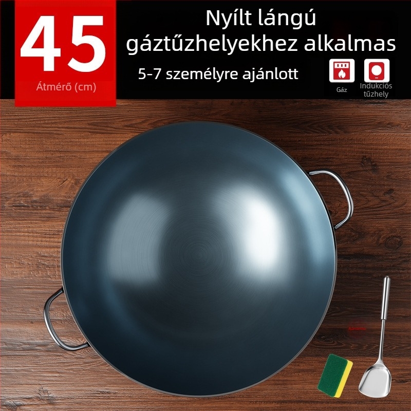 Öntöttvas wok bevonat nélküli, két füllel, kerek aljjal, otthoni és professzionális használatra.
