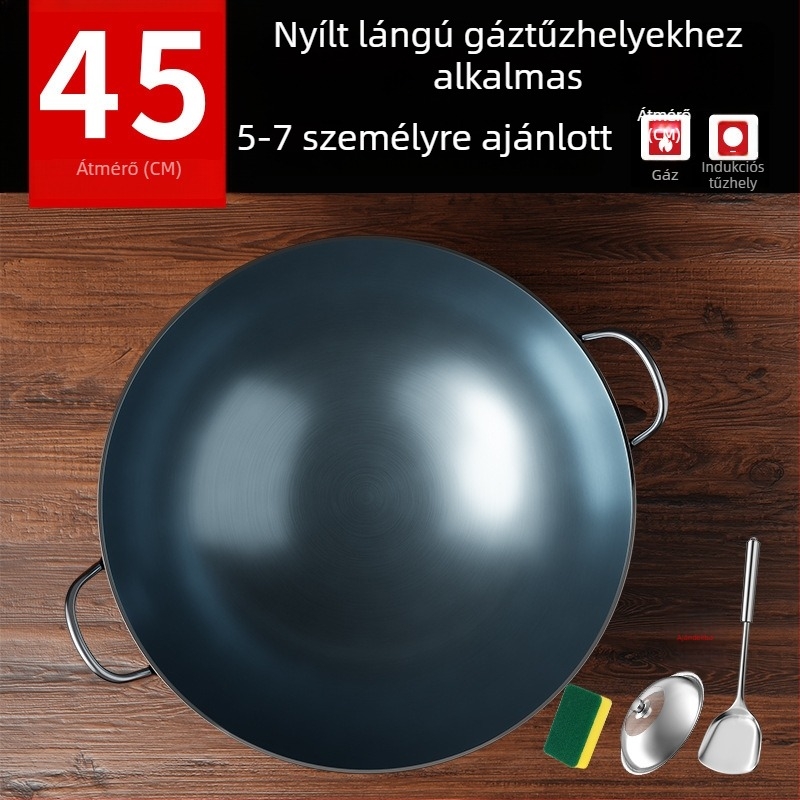 Öntöttvas wok bevonat nélküli, két füllel, kerek aljjal, otthoni és professzionális használatra.