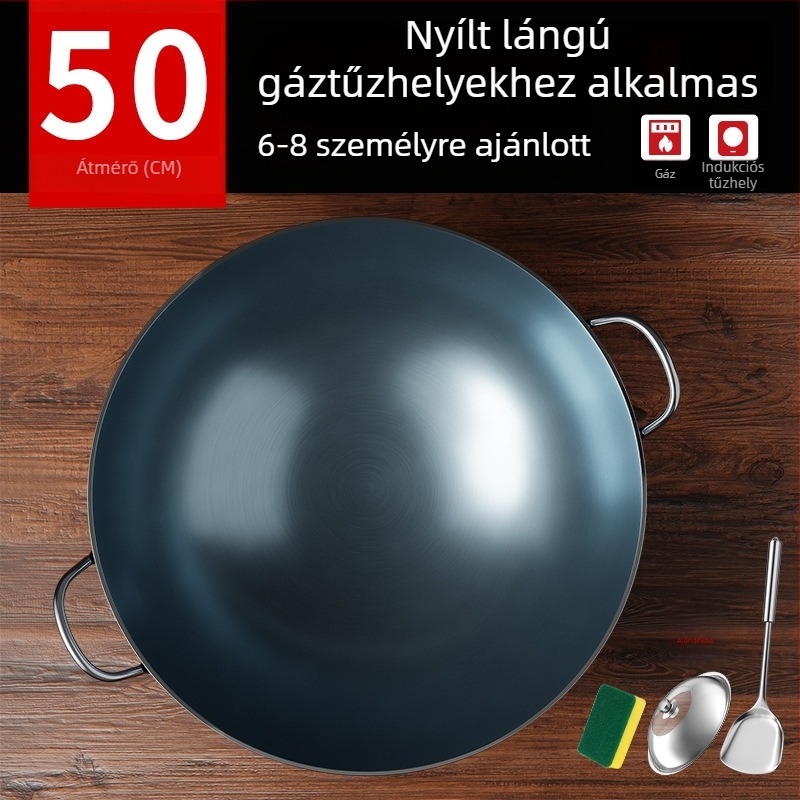Öntöttvas wok bevonat nélküli, két füllel, kerek aljjal, otthoni és professzionális használatra.