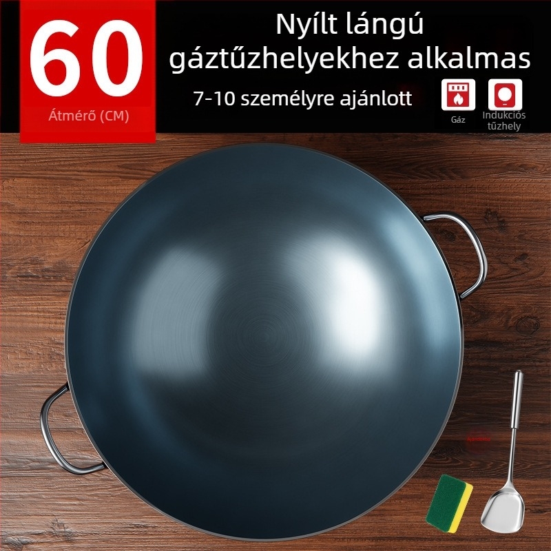 Öntöttvas wok bevonat nélküli, két füllel, kerek aljjal, otthoni és professzionális használatra.