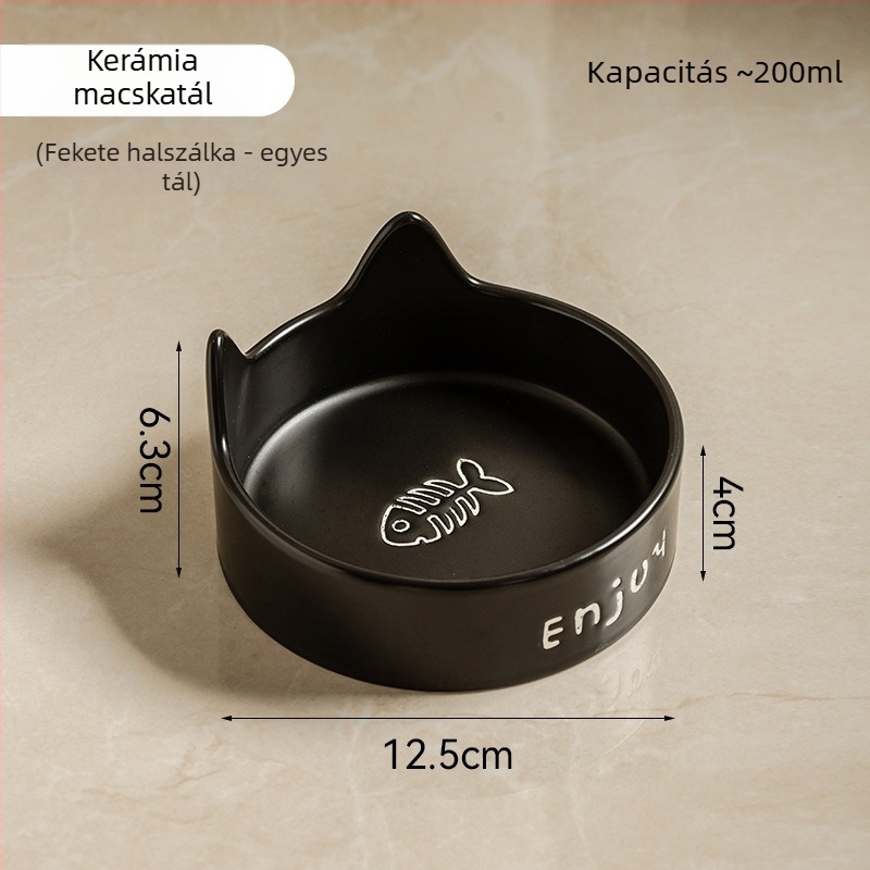 Fekete kerámia macska- és kutyatál, kiöntés elleni, étel- és víztál