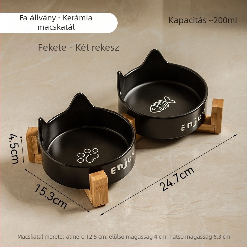Fekete kerámia macska- és kutyatál, kiöntés elleni, étel- és víztál