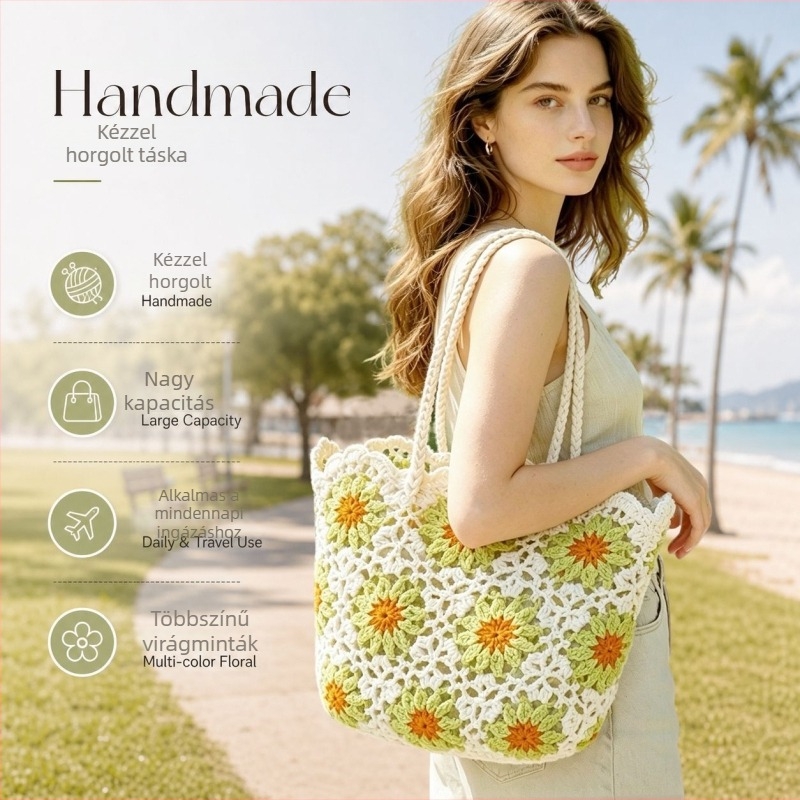 Kézzel készített horgolt válltáska, kötött mintás tote, strandtáska