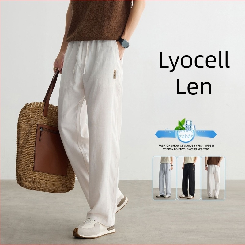 Old Money stílusú len-lyocell férfi nadrág, elasztikus húzózsinóros deréktáji, nyári könnyű, egyenes szabás, gyűrődésálló