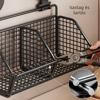 Szerelés nélküli falra szerelhető konyhai tároló, edények és fűszerek szervezője, zöldségkosárral