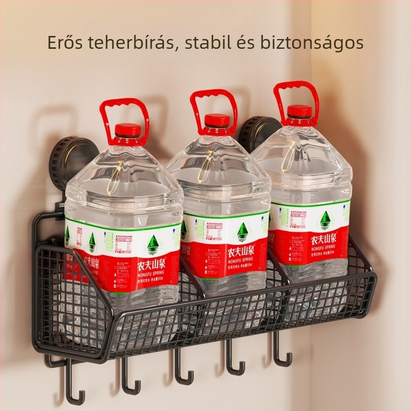 Szerelés nélküli falra szerelhető konyhai tároló, edények és fűszerek szervezője, zöldségkosárral