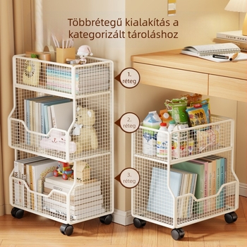 Íróasztal alatti többszintes könyvespolc, nagy kapacitású tároló, oldalsó könyv- és papír rendező, görgős mobil