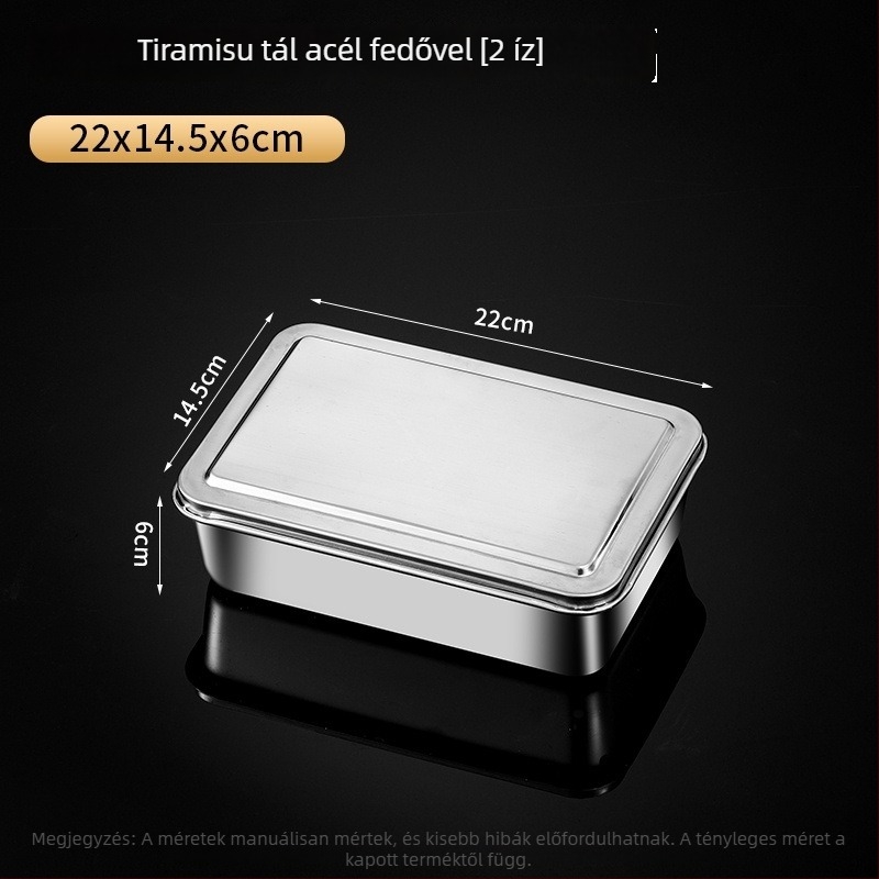 Tiramisuhoz tervezett rozsdamentes acél tepsi fedővel, téglalap alakú sütő- és pároló tál, élelmiszer-minőségű