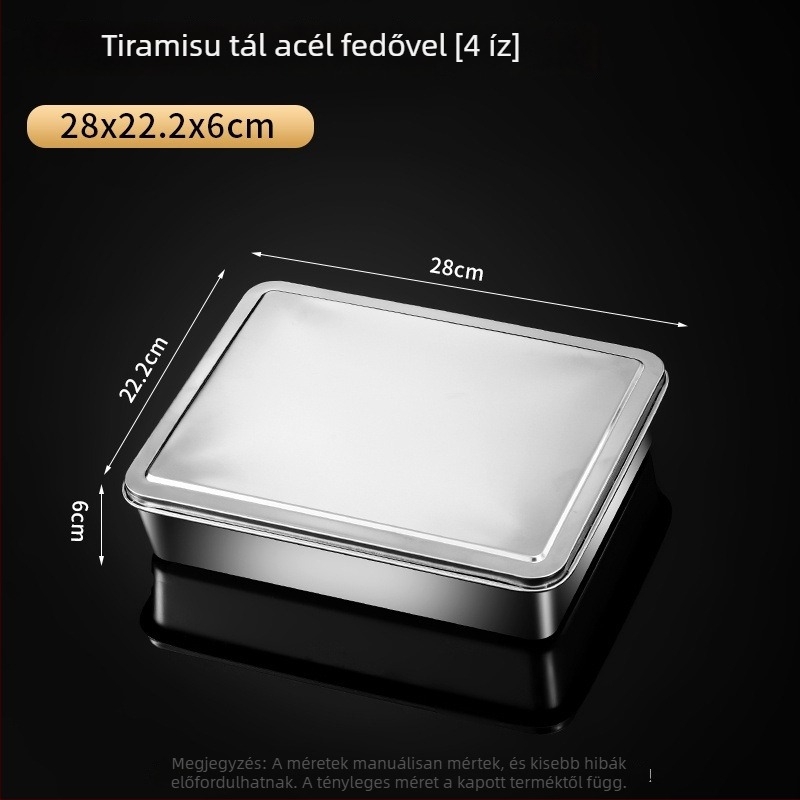 Tiramisuhoz tervezett rozsdamentes acél tepsi fedővel, téglalap alakú sütő- és pároló tál, élelmiszer-minőségű