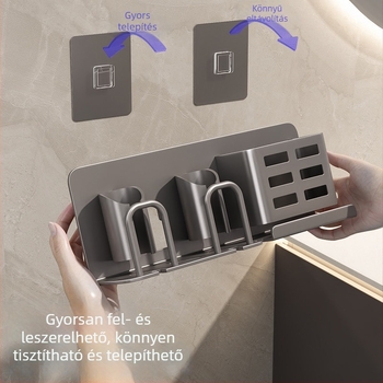 Fali elektromos fogkefetartó gunmetal szürke, fúrás nélküli, fürdőszobai tároló