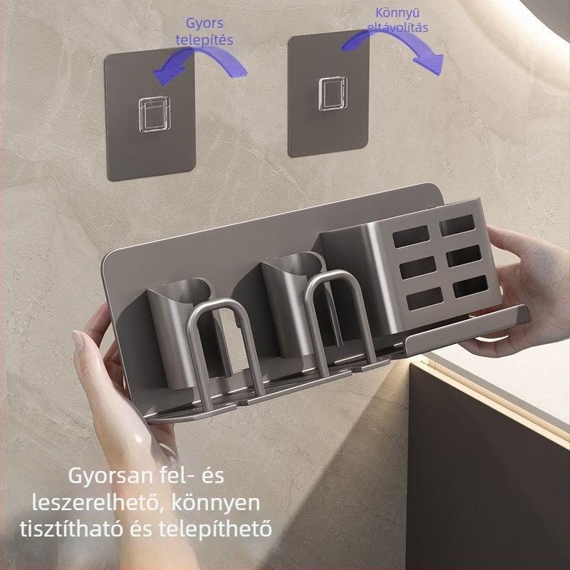 Fali elektromos fogkefetartó gunmetal szürke, fúrás nélküli, fürdőszobai tároló