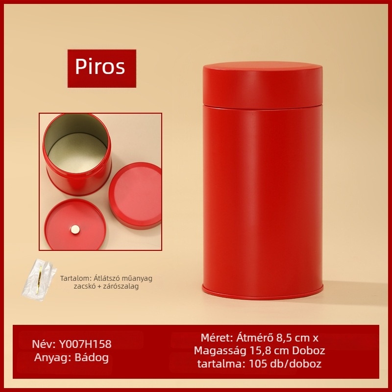 Kerek ónlemez teás doboz, zárt fém doboz, 125 g kapacitás, arany/piros, testreszabható