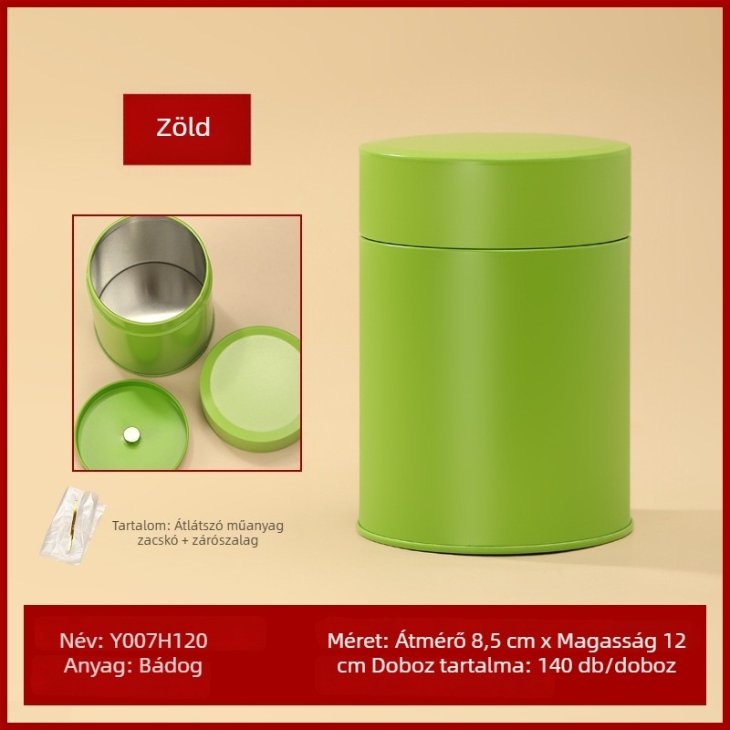 Kerek ónlemez teás doboz, zárt fém doboz, 125 g kapacitás, arany/piros, testreszabható