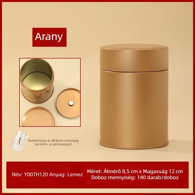 Kerek ónlemez teás doboz, zárt fém doboz, 125 g kapacitás, arany/piros, testreszabható