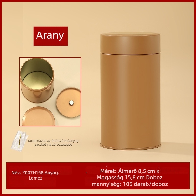Kerek ónlemez teás doboz, zárt fém doboz, 125 g kapacitás, arany/piros, testreszabható