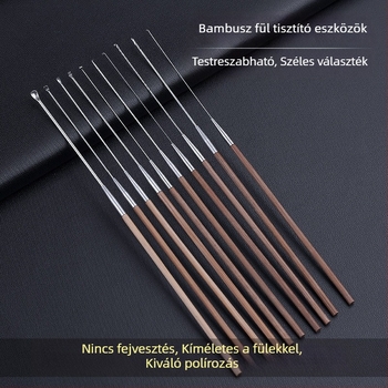 Professionális fültisztító eszközkészlet ultrafin fülkanállal, fülkaparóval, cerumen-horggal és fa nyéllel