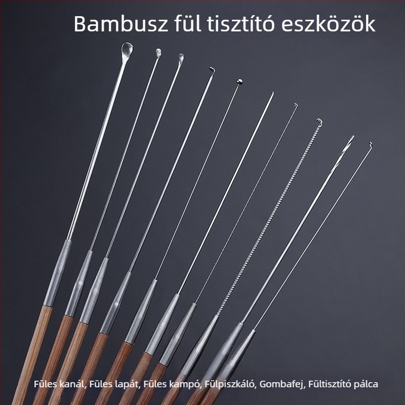 Professionális fültisztító eszközkészlet ultrafin fülkanállal, fülkaparóval, cerumen-horggal és fa nyéllel