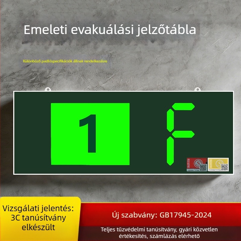 Új nemzeti szabvány szerinti tűzvédelmi vészjelző lámpa kijárathoz, emeleti jel és digitális emeleti kijelzővel