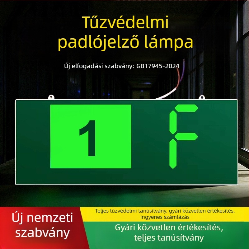 Új nemzeti szabvány szerinti tűzvédelmi vészjelző lámpa kijárathoz, emeleti jel és digitális emeleti kijelzővel