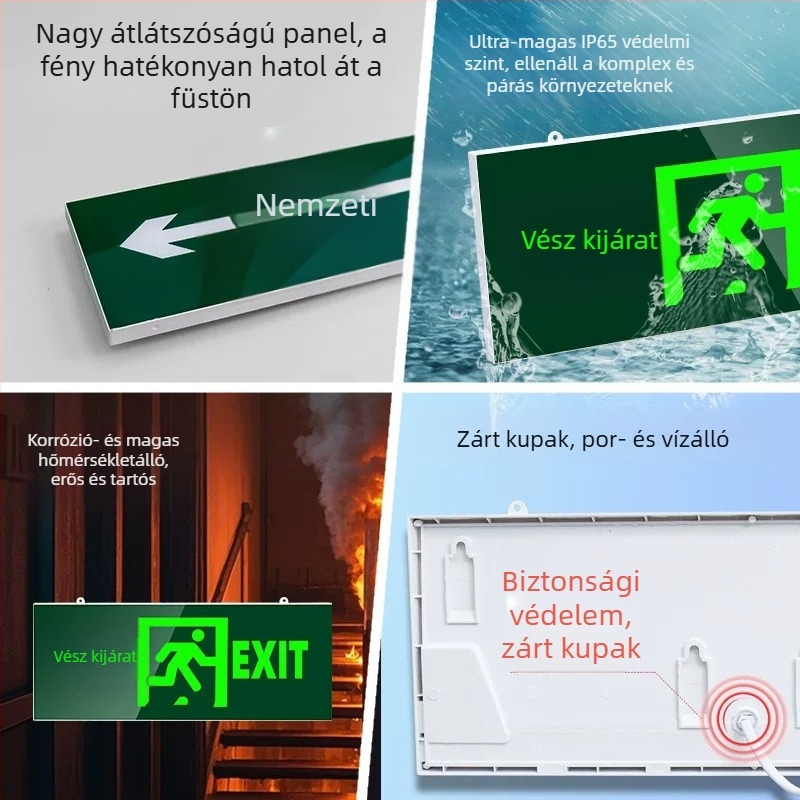 Új nemzeti szabvány szerinti tűzvédelmi vészjelző lámpa kijárathoz, emeleti jel és digitális emeleti kijelzővel