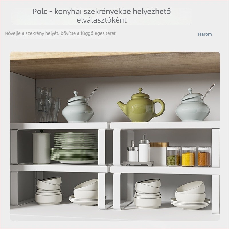 Konyhai szervező dupla emeletes polcokkal tálak, tányérok és edények számára, használható pulton vagy szekrényben