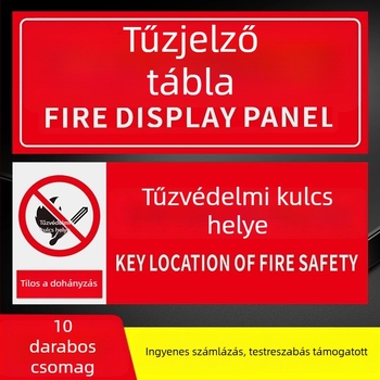 PVC önkötődéses tűzvédelmi címkék készlet, 10x10 cm, különféle feliratok: tűzjelző gomb, tűzoltó készülék, vészhelyzeti telefon, hang- és fényriasztás, stb.