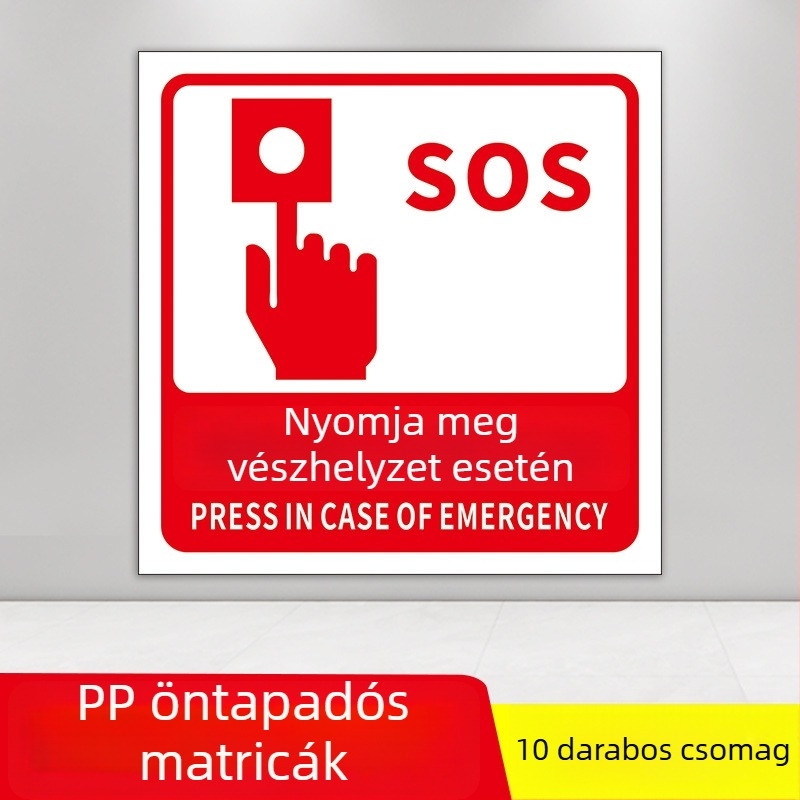 PVC önkötődéses tűzvédelmi címkék készlet, 10x10 cm, különféle feliratok: tűzjelző gomb, tűzoltó készülék, vészhelyzeti telefon, hang- és fényriasztás, stb.