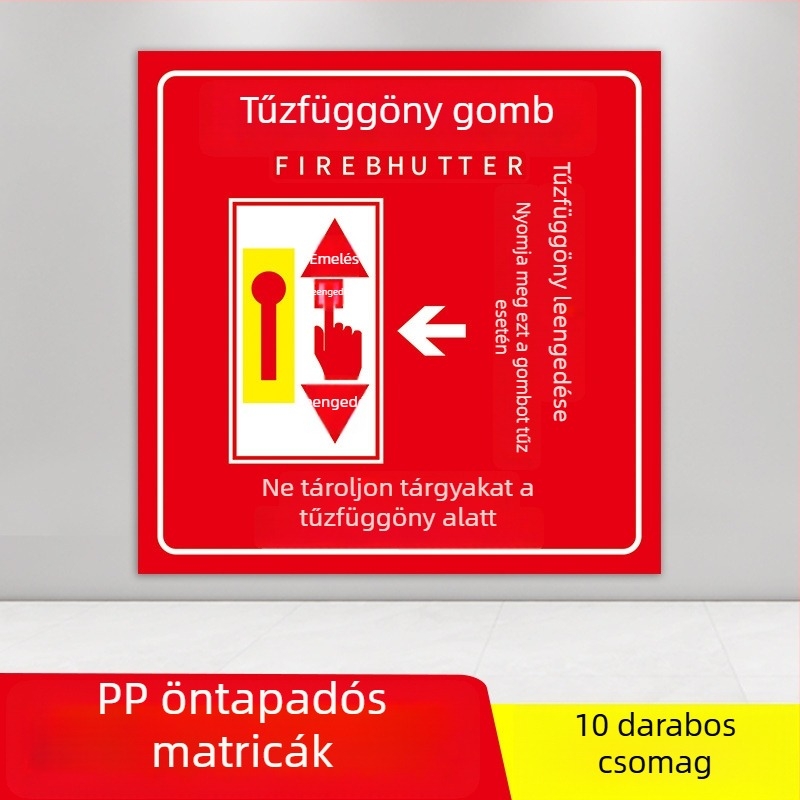 PVC önkötődéses tűzvédelmi címkék készlet, 10x10 cm, különféle feliratok: tűzjelző gomb, tűzoltó készülék, vészhelyzeti telefon, hang- és fényriasztás, stb.